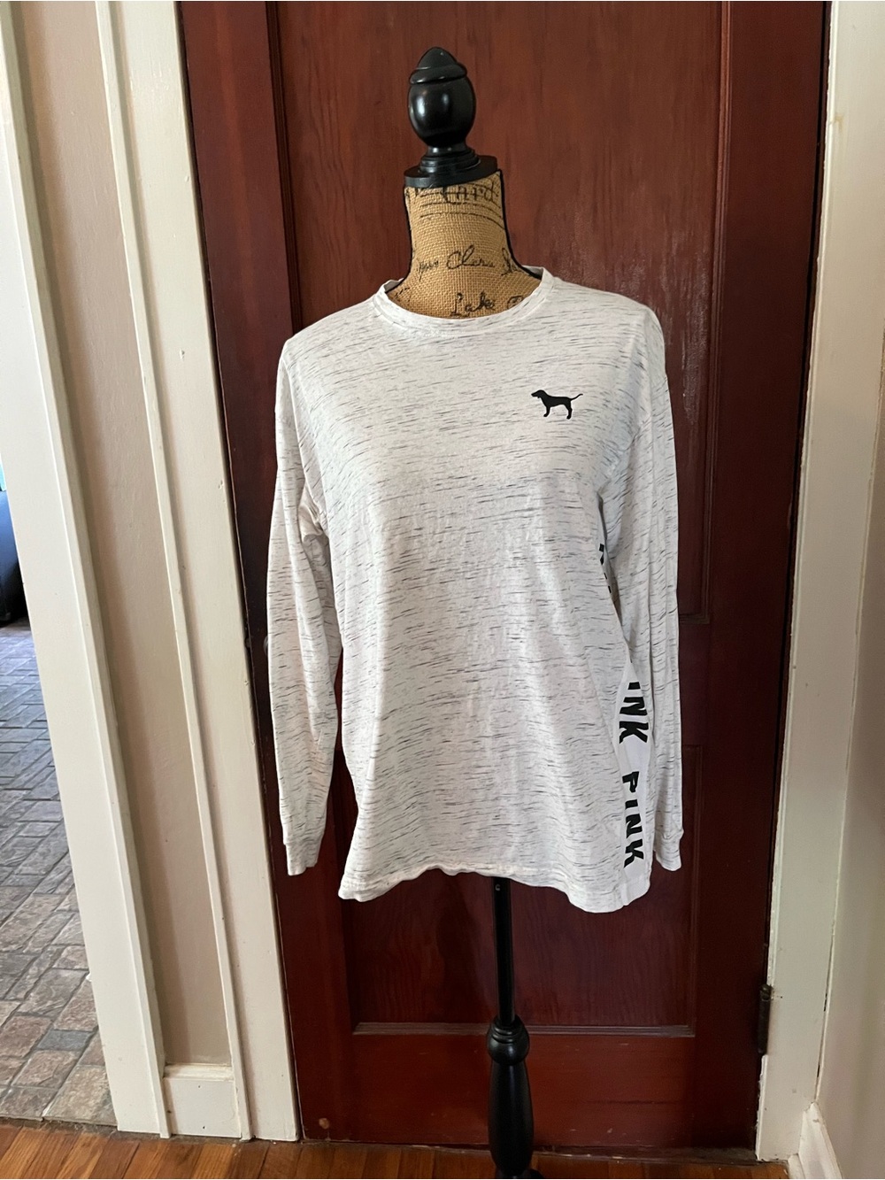 PINK by Victoria's Secret Heather White Long Sleeve Tee with Black Accents
